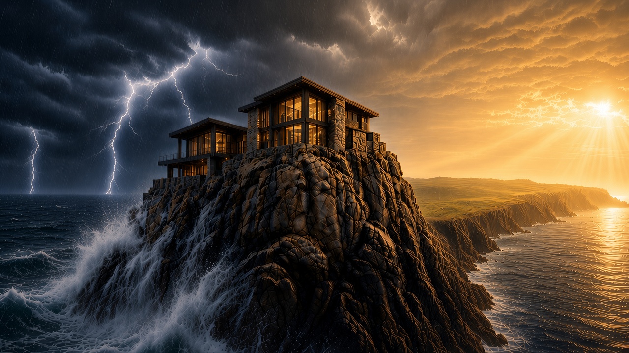 A stone house standing on a rock at the edge of the sea, storm on the left and golden sunlight on the right